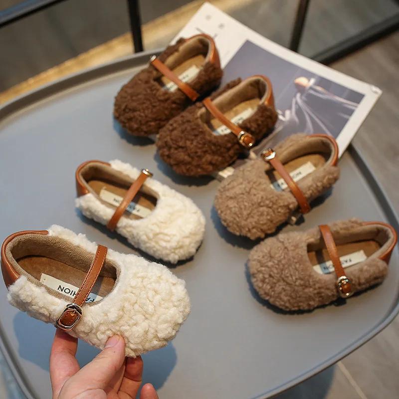 Мода Зима Новые Детские Плоские Туфли Мех Легкие Теплые Детские Повседневные Туфли 2024 Плюшевые Теплые Нескользящие Легкие Для Отдыха Удобные Девочки Меховые Туфли