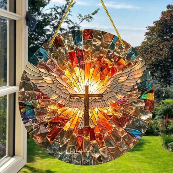 Angel Wing Suncatcher Hanging Decoration Stained Glass 2D Flat Acrylic Glass Window Wall Hanging Round Sign Ornament Christian Religious Gift