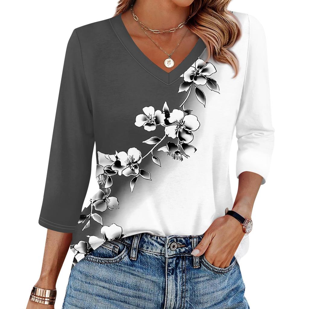 Женская футболка с принтом, рукав 3/4, повседневная мода на выходные, базовый топ с V-образным вырезом