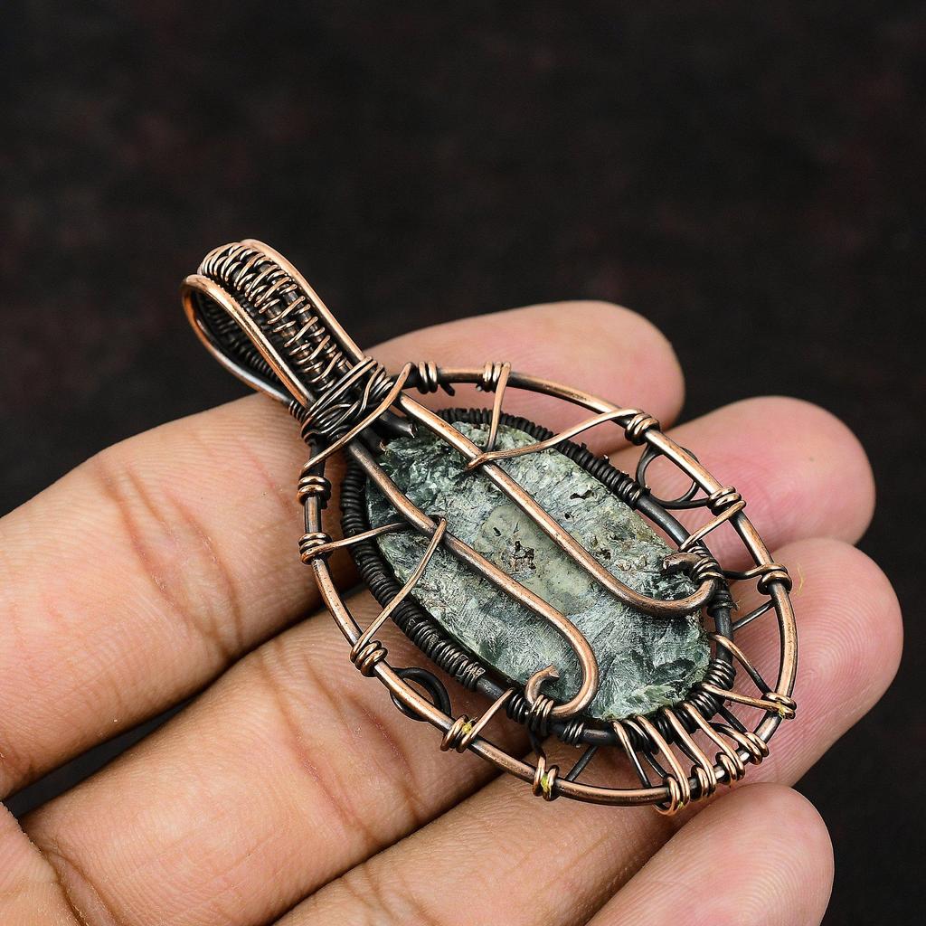 Древо Жизни Серафинит Медный Кулон Кулон, оплетенный медной проволокой Драгоценный камень Ювелирные изделия ручной работы Ювелирные изделия с серафинитом для женщин Подарок для матери