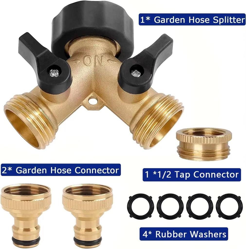 3/4" Brass Garden Hose Connector, 2-Way Y-Distributor Tap Fitting with On/Off Valves, for Home Garden Outdoor Use