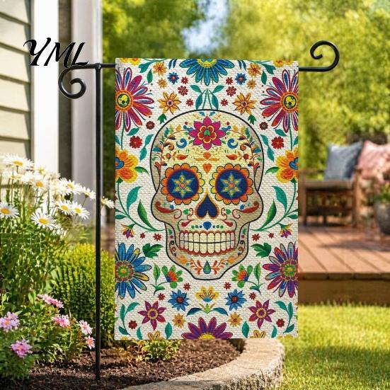 Sugar Skull Yard Ornaments Day of The Dead Garden Flag, 12x18 Inch Floral Decorative Weather Resistant Patio Banners Mexican Gothic Skeleton