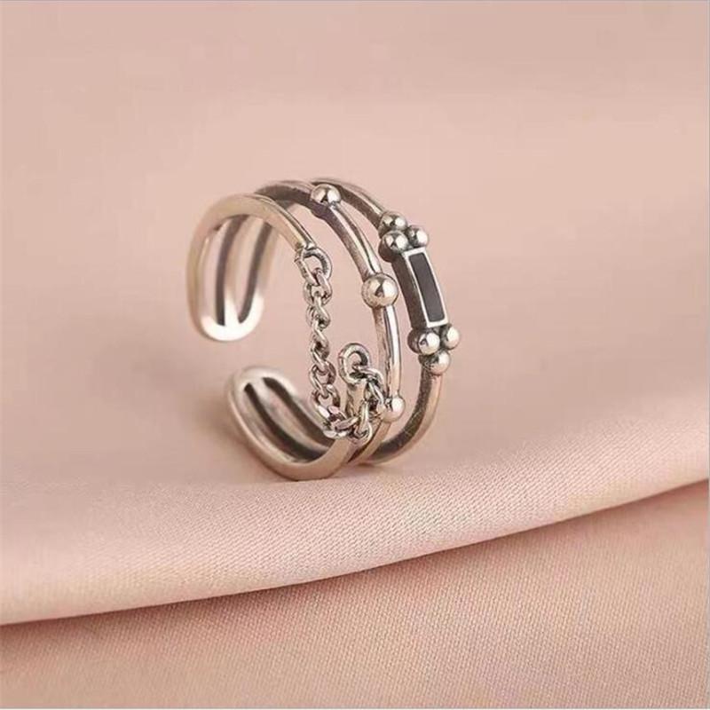 New Retro Multilayer Black Rectangular 925 Sterling Silver Jewelry Personality Geometric Domineering Chain Opening Rings Tyb31