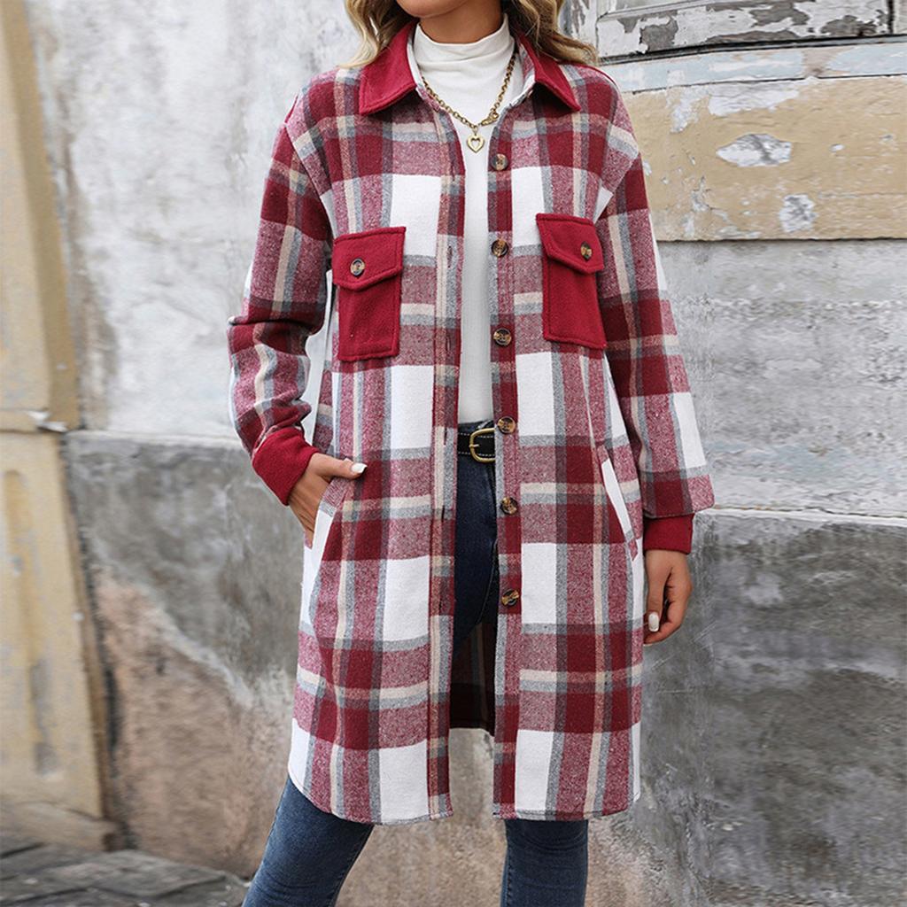 Women's Fashion Casual Long Sleeve Plaid Button With Pocket Jacket