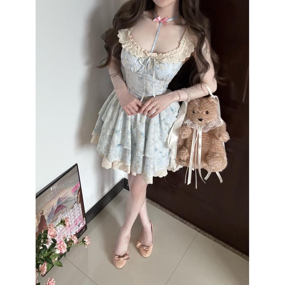 Сяофэй рукав сарафан юбка женская летняя милая маленькая свежая синяя цветочная короткая юбка-тортик талия платье принцессы