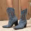 Женские сапоги на высоком каблуке 2024 года, классические ковбойские сапоги в стиле ретро с вышивкой, модные повседневные сапоги до середины голени с острым носком