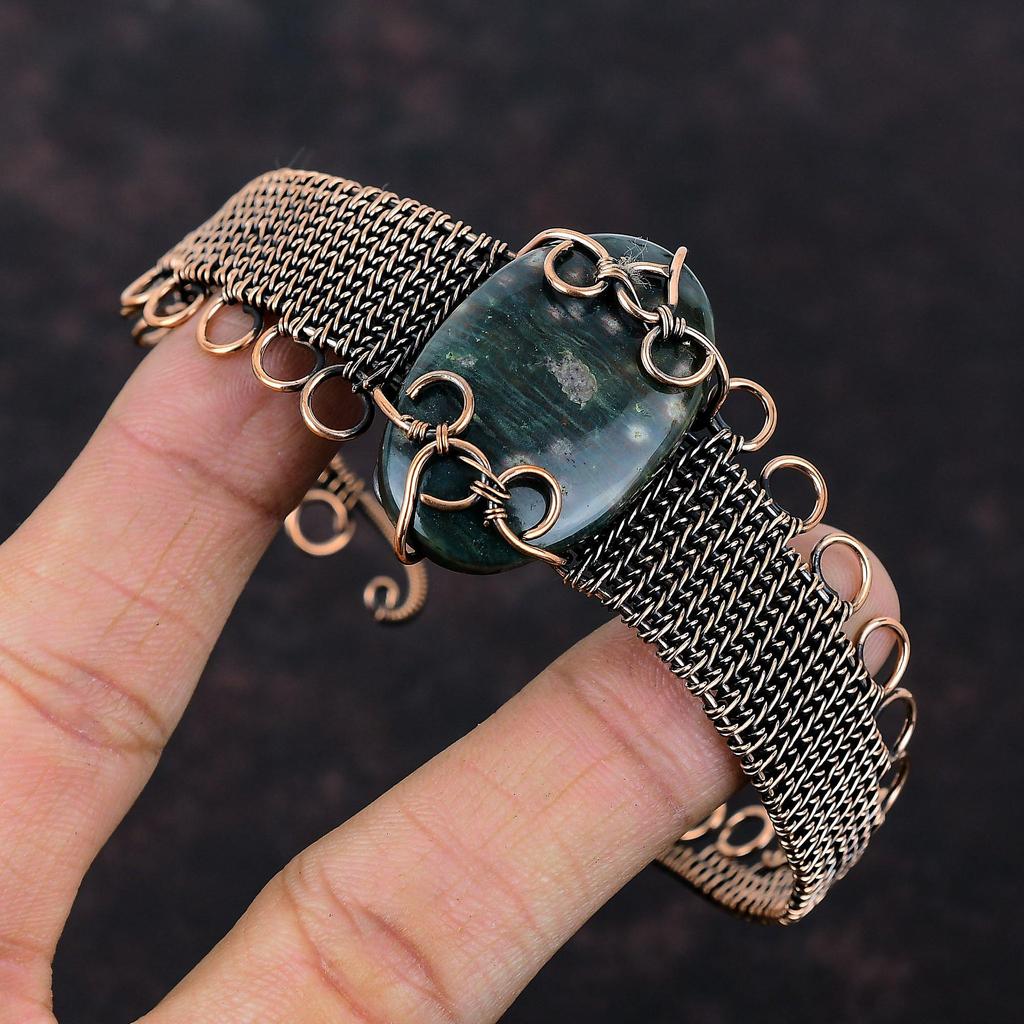 Браслет-манжета из океанической яшмы, браслет-манжета, обмотанный медной проволокой, регулируемый браслет-манжета, браслет из натурального драгоценного камня ручной работы, медные украшения, подарок для него