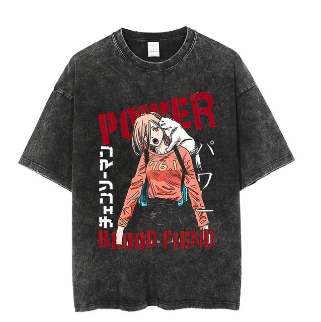 Chainsaw Man Power Blood Fiend Anime T Shirt 2026 Summer Vintage Washed Unisex Cotton Loose Fit Short Sleeve Streetwear Graphic