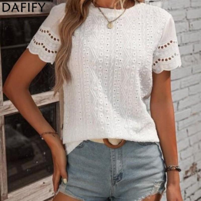 DAFIFY Women's Fashion Casual Summer Spring Solid Color Print Short Sleeve O-Neck Blouses & Shirts