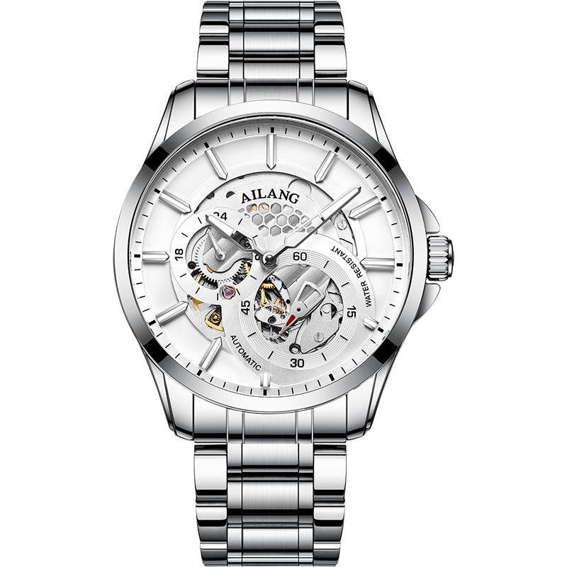 AILANG Men Automatic Mechanical Wristwatch Hollow Skeleton Dial Stainless Steel Band Business Sport Male Watch