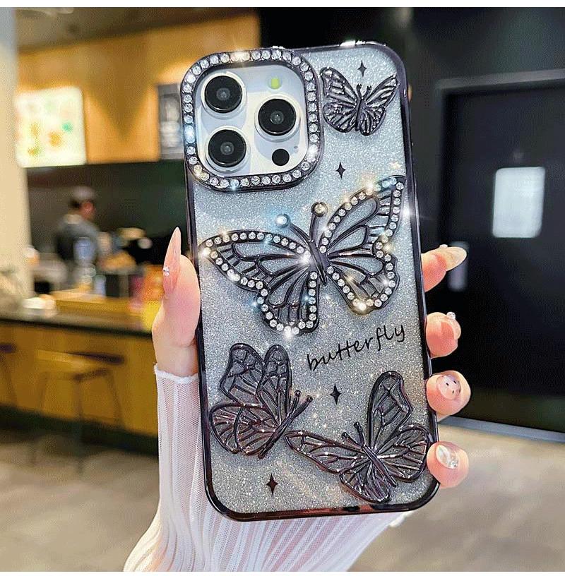 Women Girl'sTransparent Plating Soft Silicone Cover Diamond Butterfly Phone Case for iPhone 16 15 14 13 12 Pro Max