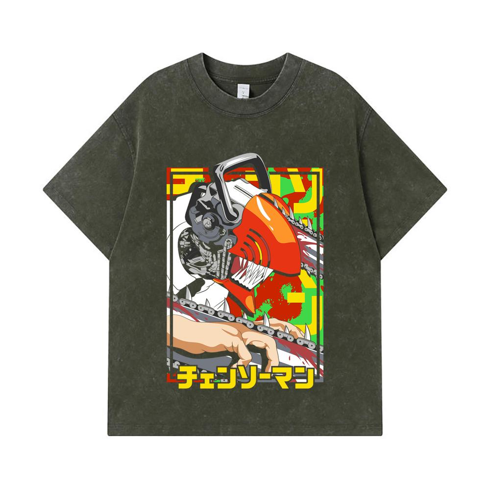 275 GSM Washed T-shirts 100% Cotton Chainsaw Man V5 Denji Print Unisex Heavy Cotton T Shirt