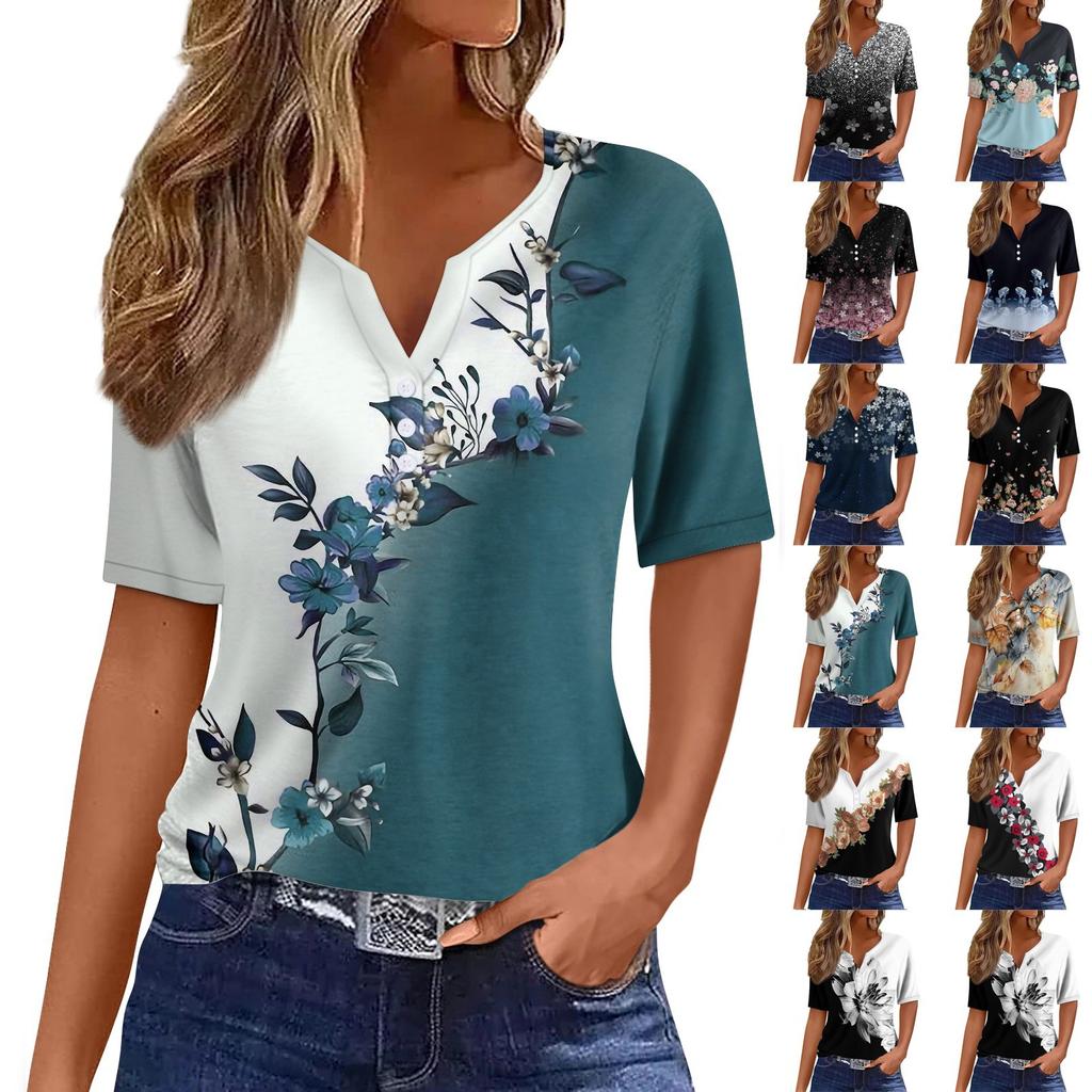 Women's T Shirt Tee Print Button Short Sleeve Daily Weekend Fashion Basic V- Neck Regular Top