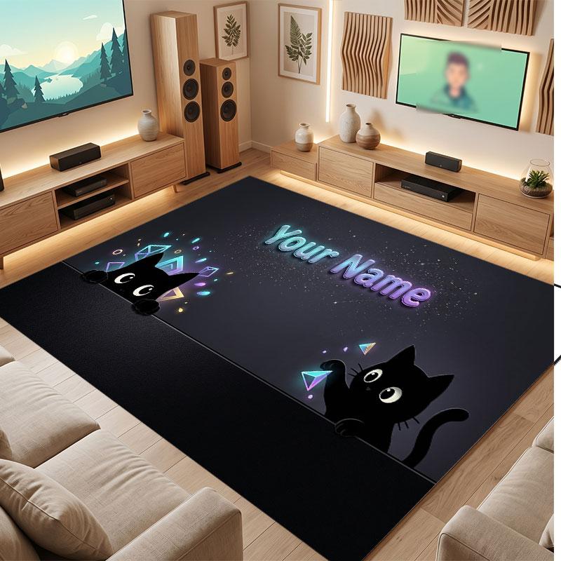 Cat Theme Crystal Velvet Floor Rug Personalized Custom Name Text Warm Carpet Home Decoration