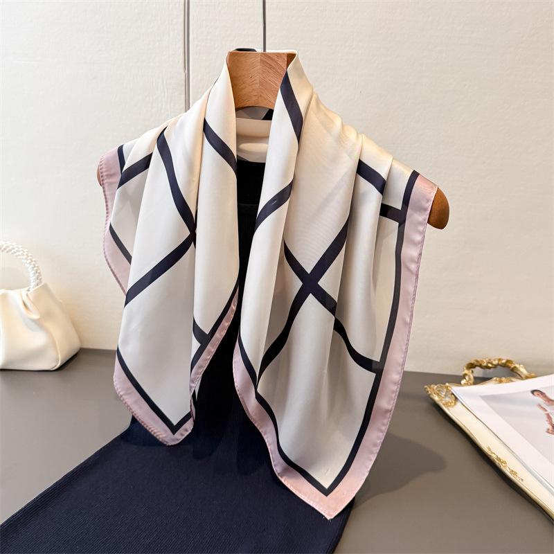 Simple large checkered faux silk printed square scarf shawl neckerchief high-end tie-on small square headscarf silk scarf