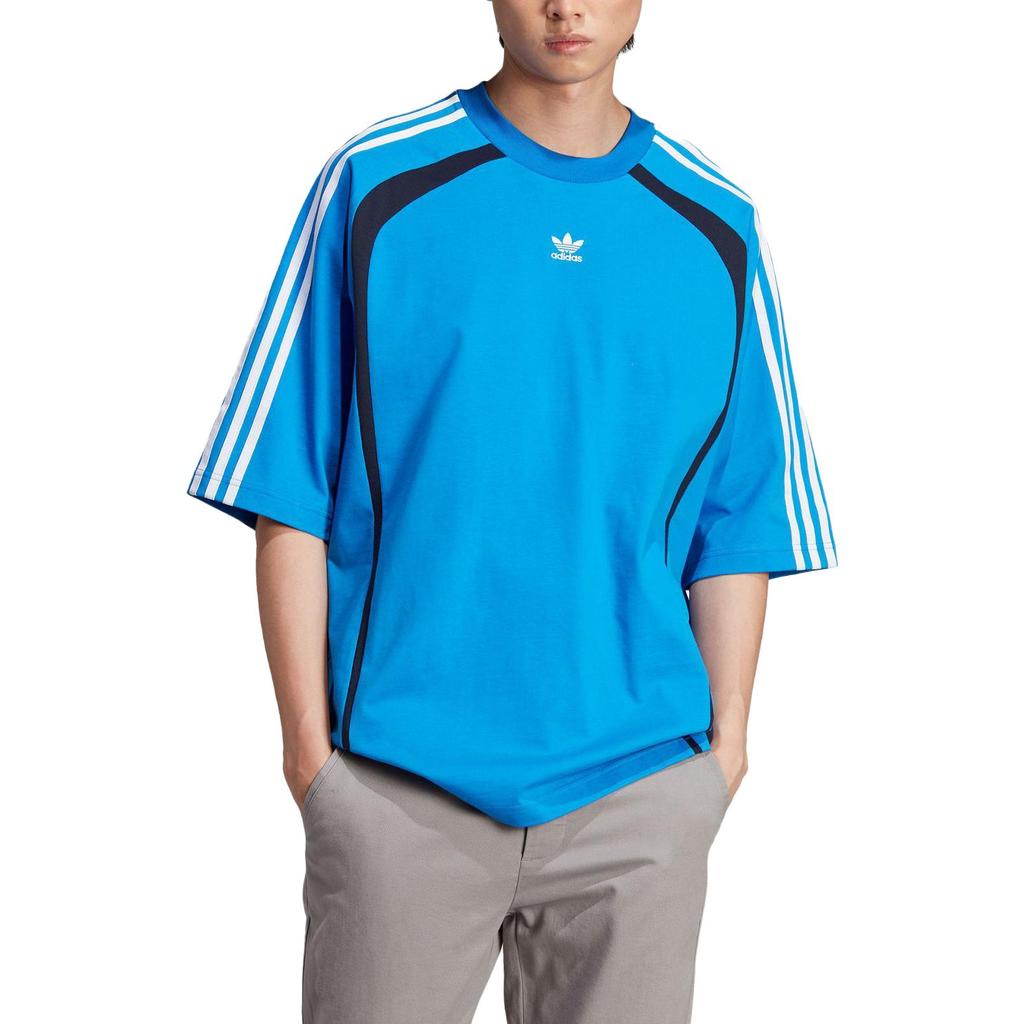 Adidas Футболка Originals с вышитым логотипом в виде трилистника и трех полосок, свободная, с коротким рукавом и круглым вырезом, с принтом Dopamine, реглан, мужские футболки, синие IW3639