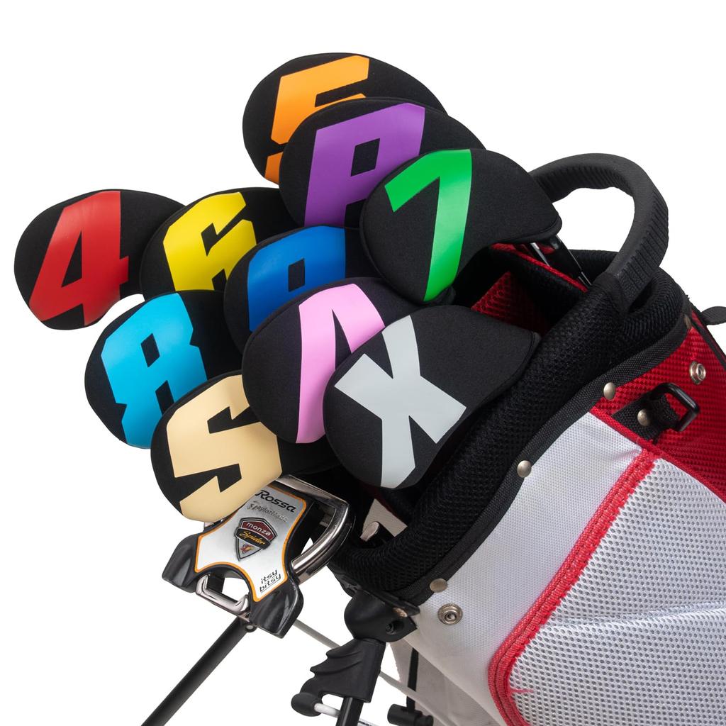 Чехол для гольф-айрона, чехол для головки клюшки, набор из 10 штук (4-9,П,А,С,Х) Из неопрена Эластичные Большие Цифры Черная Основа и Цветные Цифры
