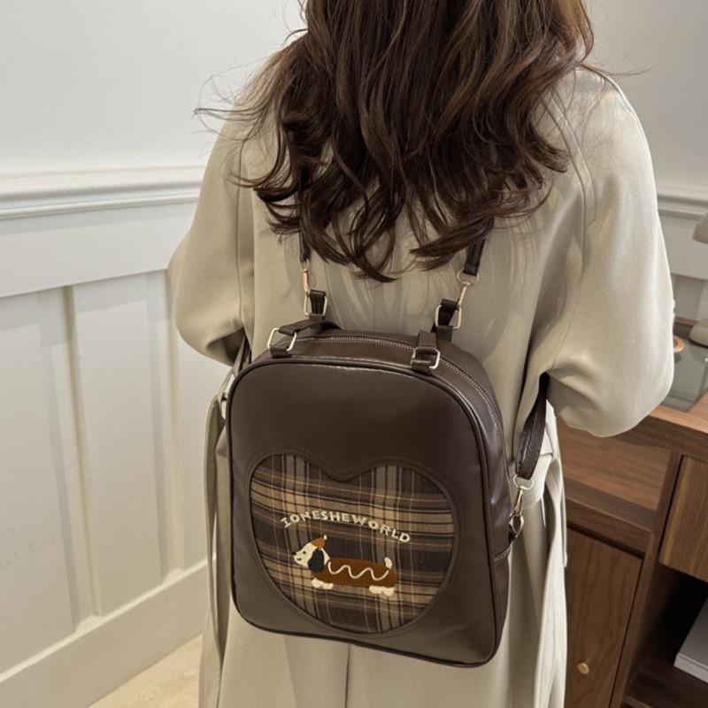 Cute Dachshund Backpack Women Retro Plaid Patchwork Large Capacity Daypack Ladies Student Multi Function Versatile Shoulder Bags