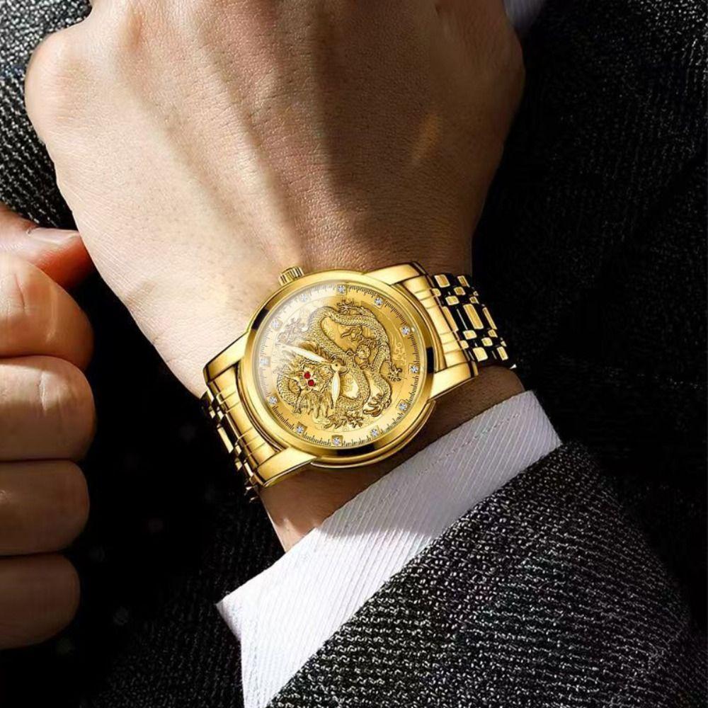 Luminous Quartz Watch Gold Color Dragon Pattern Clock Fashion Gold Dragon Watch Men