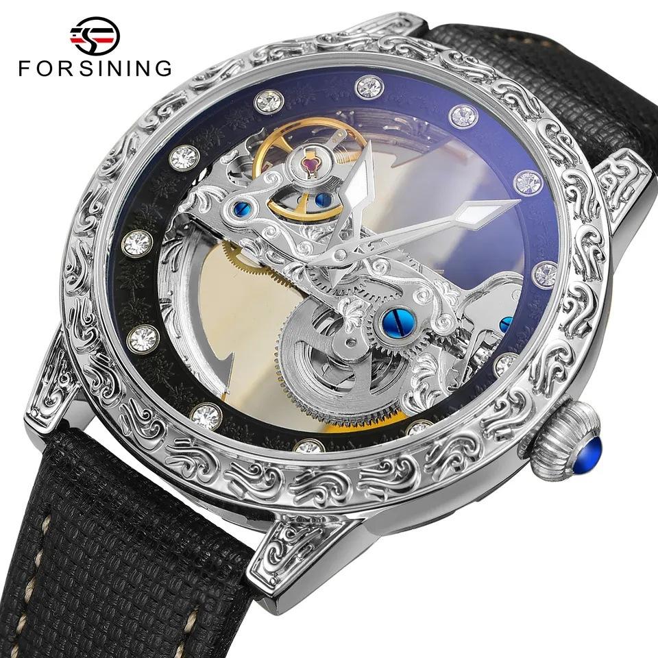 FORSINING брендовые автоматические серебряные светящиеся часы с автоподзаводом и скелетоном, роскошные мужские кожаные часы, стальные механические часы