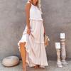 Women Vacation Dress Ruffle Off Shoulder Sleeveless Halter Neck Patchwork A-line Loose Pleated Side Pockets Solid Color Cake