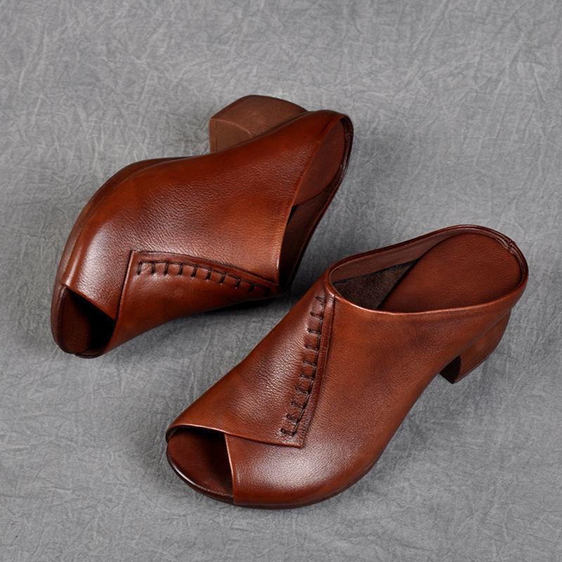 2025 Summer Thick Heel Soft Leather Outer Slippers Fish Mouth Comfortable Middle Heel Women's Sandals Women's Mom's Shoes