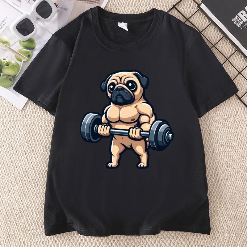 Pug Bodybuilding Weightlifting T Shirt Kawaii Cute Graphic T Shirts Casual Round Neck Printed Short Sleeve Tees Clothes