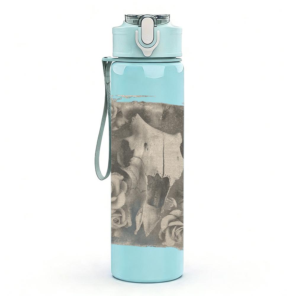 1PC Faded building monochrome sketch print 750ml colorful plastic sports water bottle leakproof pop up lid with straw for outdoor work home use