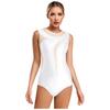 Womens Gymnastics Leotard Sleeveless Back Hollow Out Mesh Patchwork Rhinestone Bodysuit One-piece Dancewear