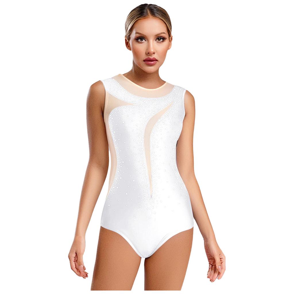 Womens Gymnastics Leotard Sleeveless Back Hollow Out Mesh Patchwork Rhinestone Bodysuit One-piece Dancewear