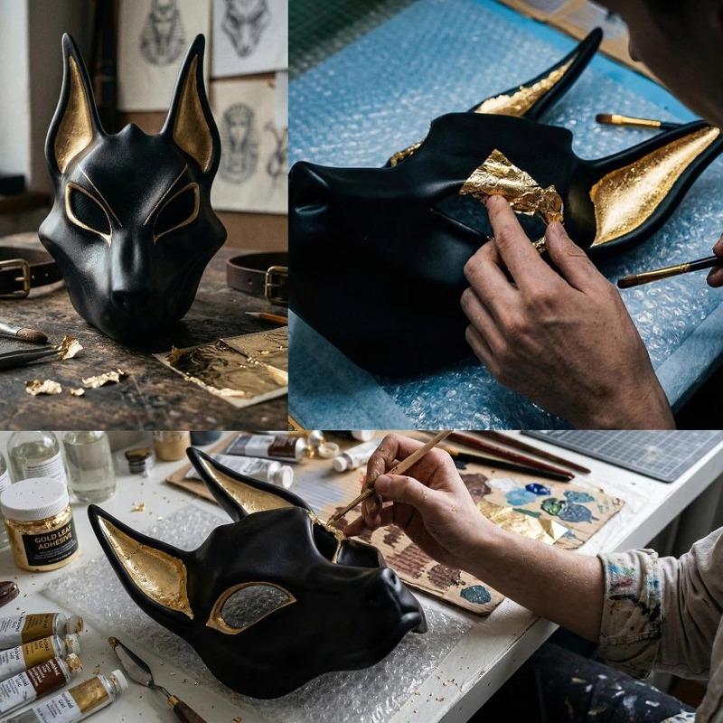 Egyptian Jackal Masque - Halloween Cosplay Props, Jackal Cosplay Masque, Hand Painted Faux Gold Masquerade Face Covering For Holiday Facial Covering