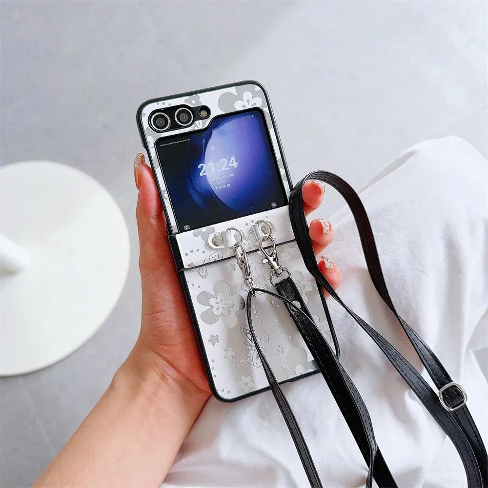 Чехол-кроссбоди из ПУ кожи с цветком-бабочкой на шнурке для Samsung Galaxy Z Flip 6 5 4 3 5G, защита шарнира, противоударный чехол