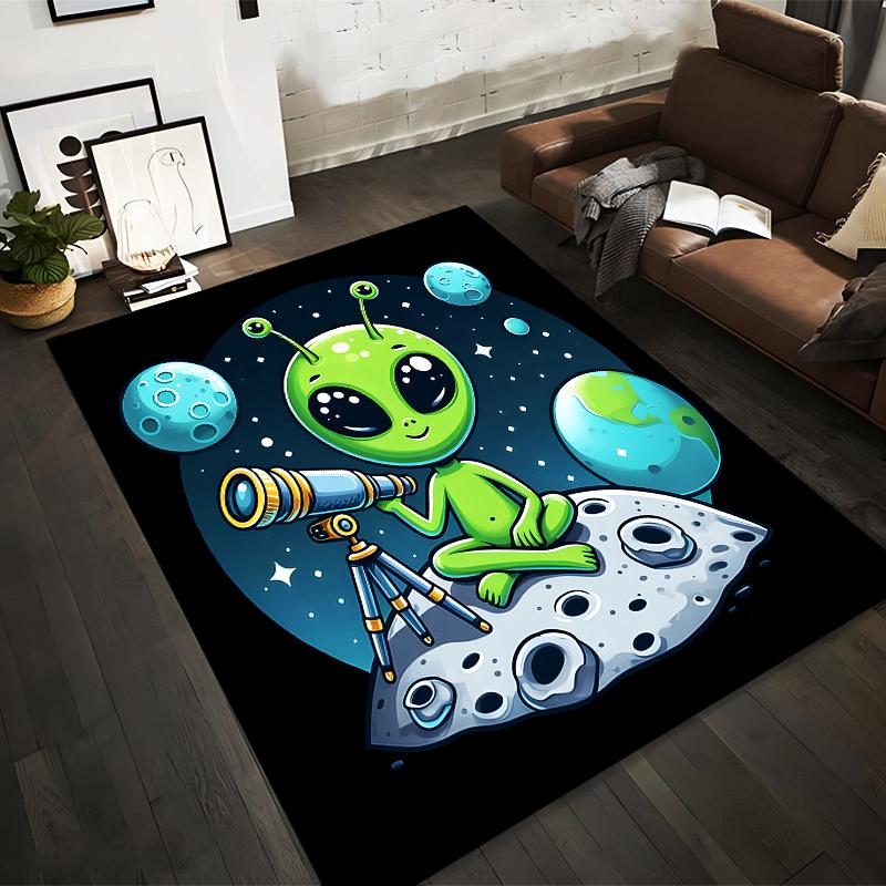Cute Green Alien Cartoon with Telescope and Space Planets Design Carpet Suitable for use as an anti-slip for living room bedroom sofas