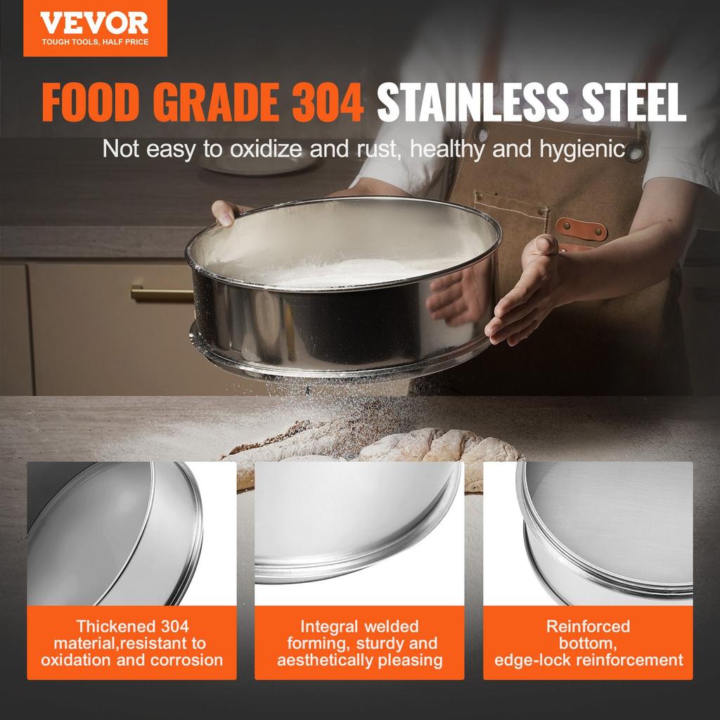 VEVOR Flour Sieve Fine Mesh, 150 Mesh Flour Sifter, 304 Stainless Steel Fine Mesh Sifter Food-grade, 12.6" Fine Mesh Strainers for Baking