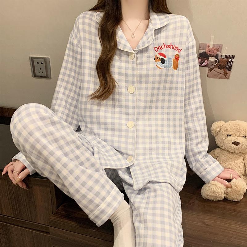 Air cotton sandwich pajamas women's autumn and winter long-sleeved cute dachshund dog polka dot warm loungewear set