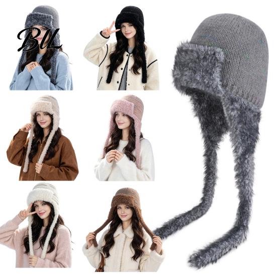 Winter Outing Accessories Women Trapper Hat, Wool Blend Knitted Hat with Ear Flaps, Fuzzy Trim, Warm Knit for Cold Weather Hiking Skiing Outdoor Caps