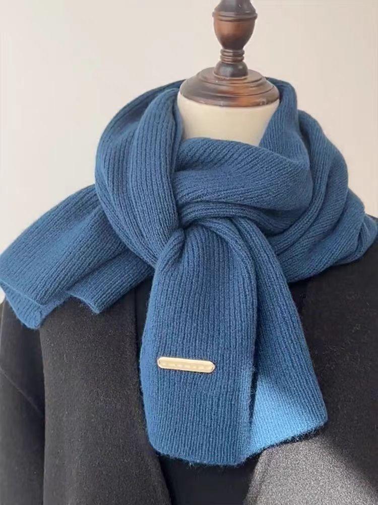 Women's Winter Knitted Scarf Solid Color Small Scarf Trendy Korean Thickened Warm Versatile Long Neck