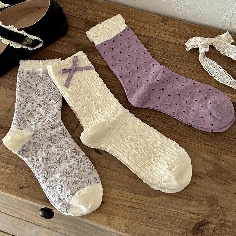 1/3 Purple Floral Socks Children's Middle Socks Autumn Cute White Bow Middle Socks Sweet Retro Lace Socks