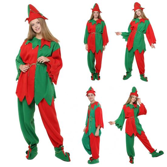 Костюм Рождественского Эльфа Семейный Взрослые Дети Наряд Эльфа Красно-Зеленый Цветовой Блок Шапка Эльфа Топ Брюки И Пояс Праздничный Наряд для Вечеринки для Папы Мамы Детей