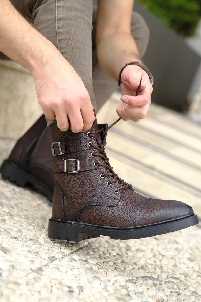 Men's Fashion Faux Leather Flat Heeled Bootie Falcn Benny Double Buckle Belted Boots Boots Shoes