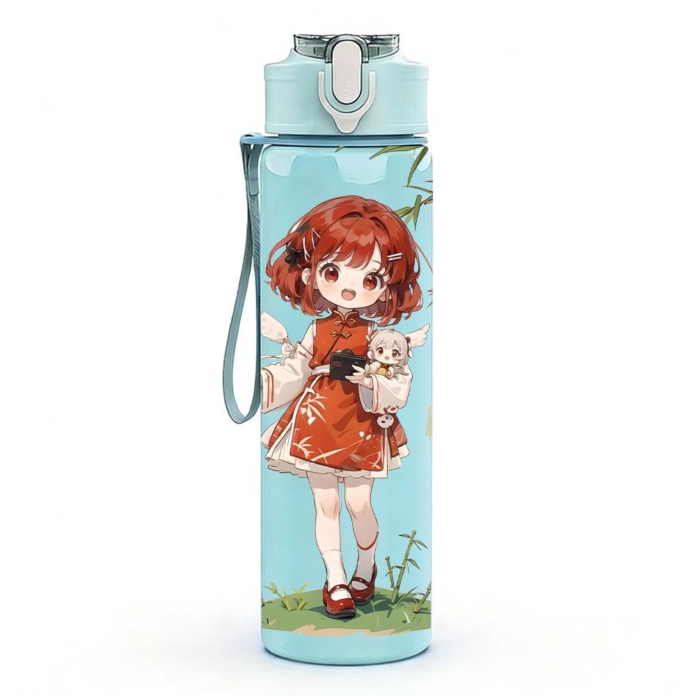 1PC Red Dress Girl Bamboo Plant Background Pattern 750ml Plastic Sports Water Bottle Leakproof Flip Straw Lid Suitable for Sports Office Home Use
