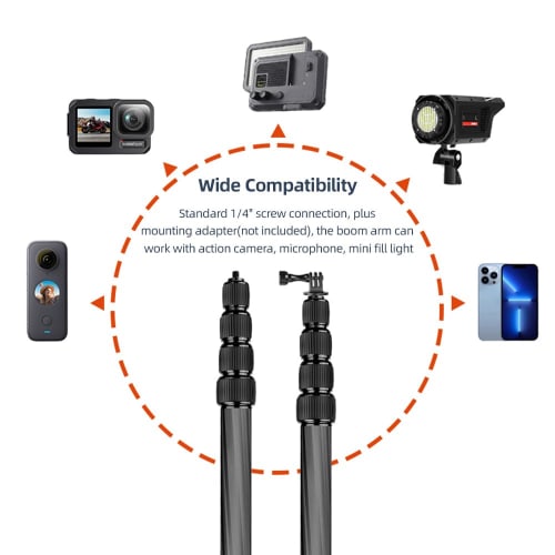 Handheld Microphone Boom Arm, 5-Section Extendable Carbon Fiber Boom Pole for Microphones, 1/4" Screw & Thread, Foam Grip Lock, Maximum Length 155cm/6