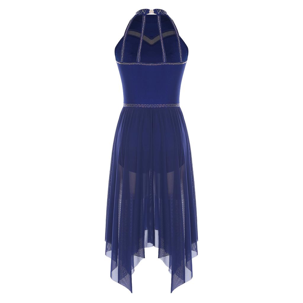 Премиальный костюм для лирического танца для женщин S-XXL Платье-халтер со стразами и сетчатой юбкой с оборками для соревнований и занятий