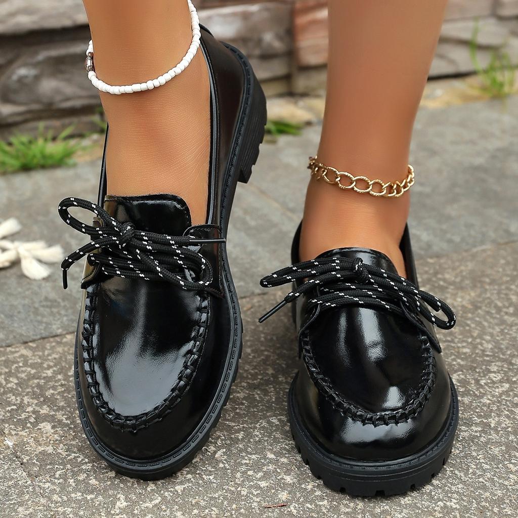 Женские модные и элегантные лоферы однотонной расцветки, декоративные туфли на шнуровке для путешествий, женская обувь в стиле колледжа с круглым носком и толстым каблуком
