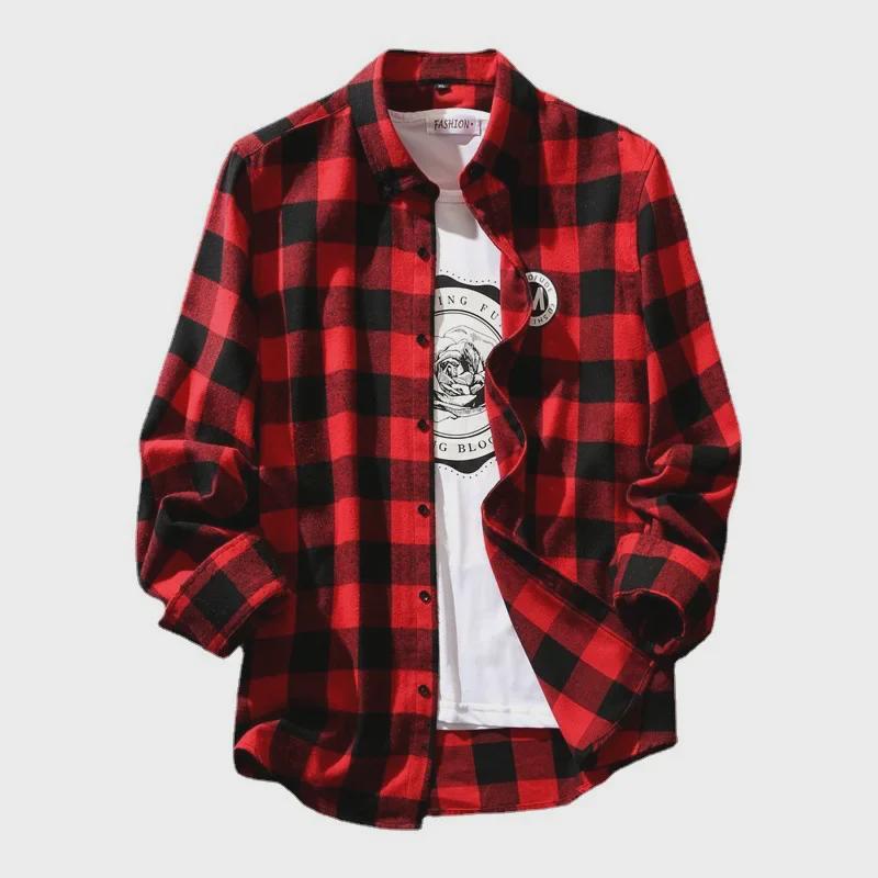 Men's Korean Style Black & White Plaid Shirt – Trendy, Loose-Fit, Long-Sleeve, Casual for Spring/Autumn