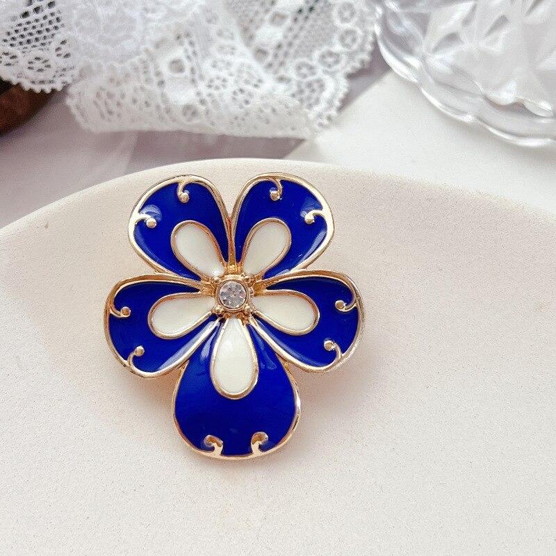 Pinkdudu New French Vintage Court Blue Flower Enamel Brooch 925 Silver Needle Stud Earrings for Women Jewelry PD1010