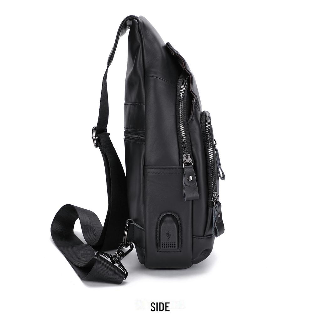 Genuine Leather Men's USB Charging Chest Bag - Business Casual Single Shoulder Messenger Bag