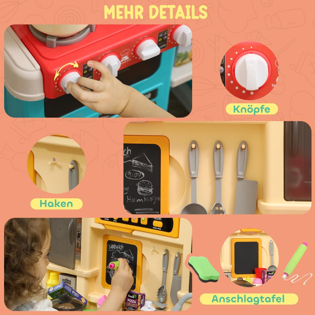 Play Kitchen with Flowing Water, 85-Piece Accessories, Electric Faucet, Lights, Sounds, for Children 3-6 Years, Plastic, Green