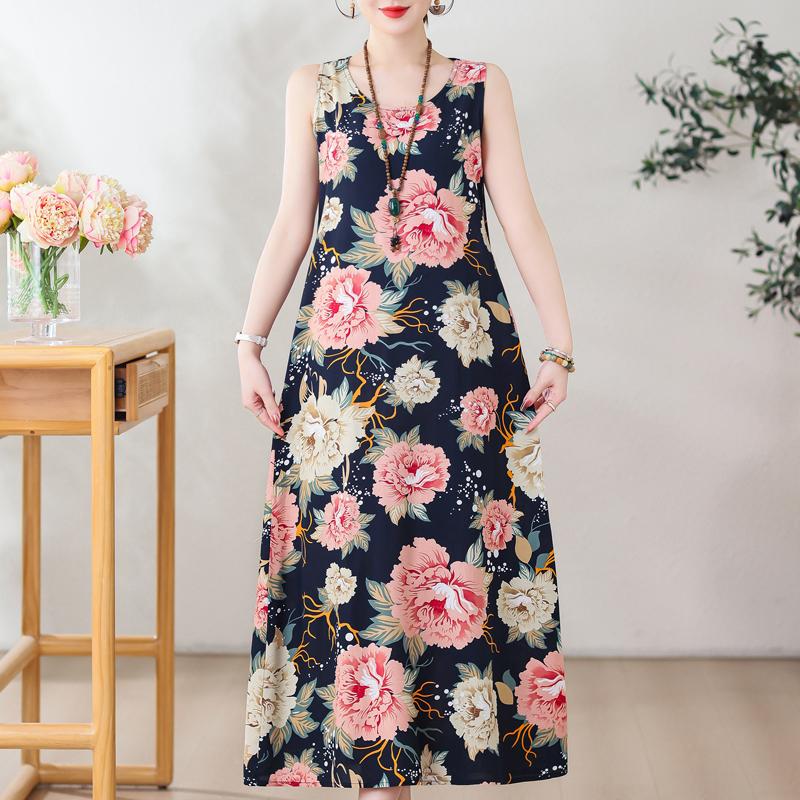 Летнее длинное платье, свободная летняя одежда для женщин, платья больших размеров, женское платье без рукавов с круглым вырезом XL-5XL
