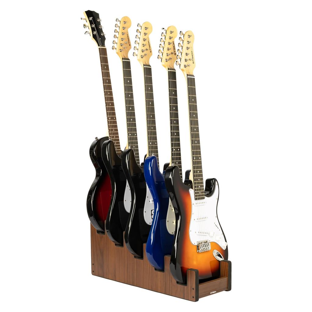 STRICH Wooden Guitar Front Stand for and Stage Walnut Color 5 L-5EW Floor-Mounted Stand, 5-Guitar Capacity, Display, Space-Saving, Multi-Guitar Home,